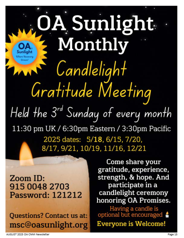 Sunlight Monthly Newsletter - Candlelight Gratitude Meeting