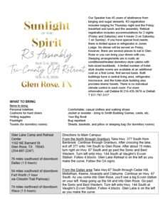 Event flyer for Sunlight of the Spirit R3 Assembly retreat in Glen Rose, TX, Nov 5–6, 2026, with dates and location details.