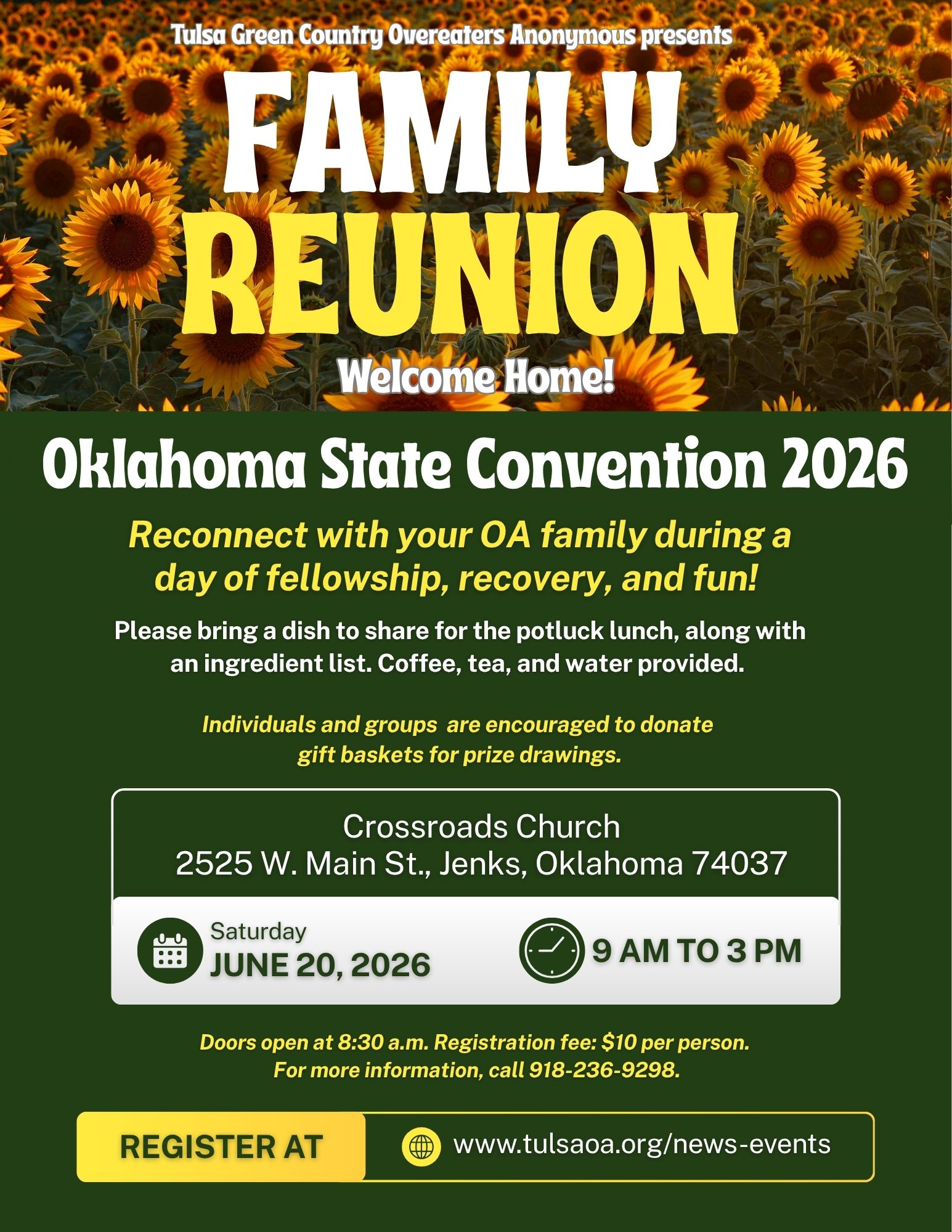 Poster advertising Tulsa Green Country OA Family Reunion—Oklahoma State Convention 2026 with a sunflower field background