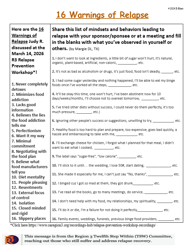 Infographic titled '16 Warnings of Relapse' showing two columns: 16 relapse warnings and fill-in-the-blank behavior notes for relapse prevention.
