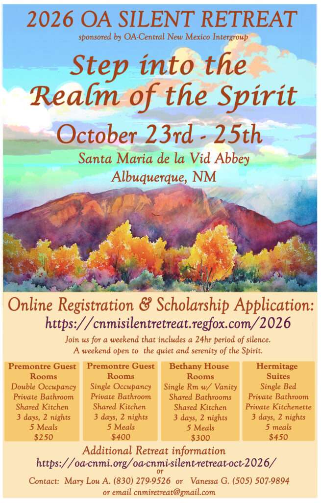 Colorful poster advertising the 2026 OA Silent Retreat: 'Step into the Realm of the Spirit,' Oct 23–25 at Santa Maria de la Vid Abbey, Albuquerque, NM, with online registration and housing options.