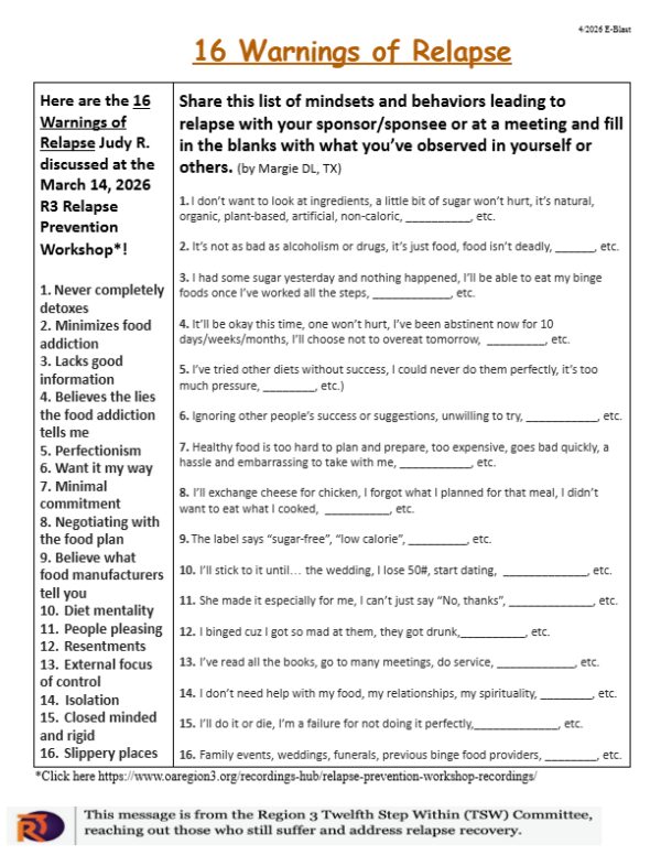 Infographic titled '16 Warnings of Relapse' showing two columns: 16 relapse warnings and fill-in-the-blank behavior notes for relapse prevention.